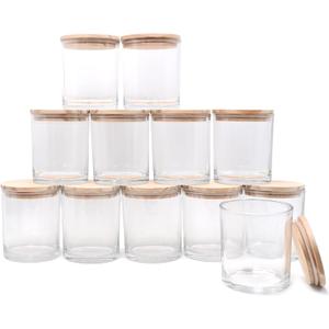 SHOWIN 14 OZ Thick Candle Jars for Making Candles 12 Pcs, 3 Wick Empty Jars with Wood Lids for Candle Making, Sample Container,Clear