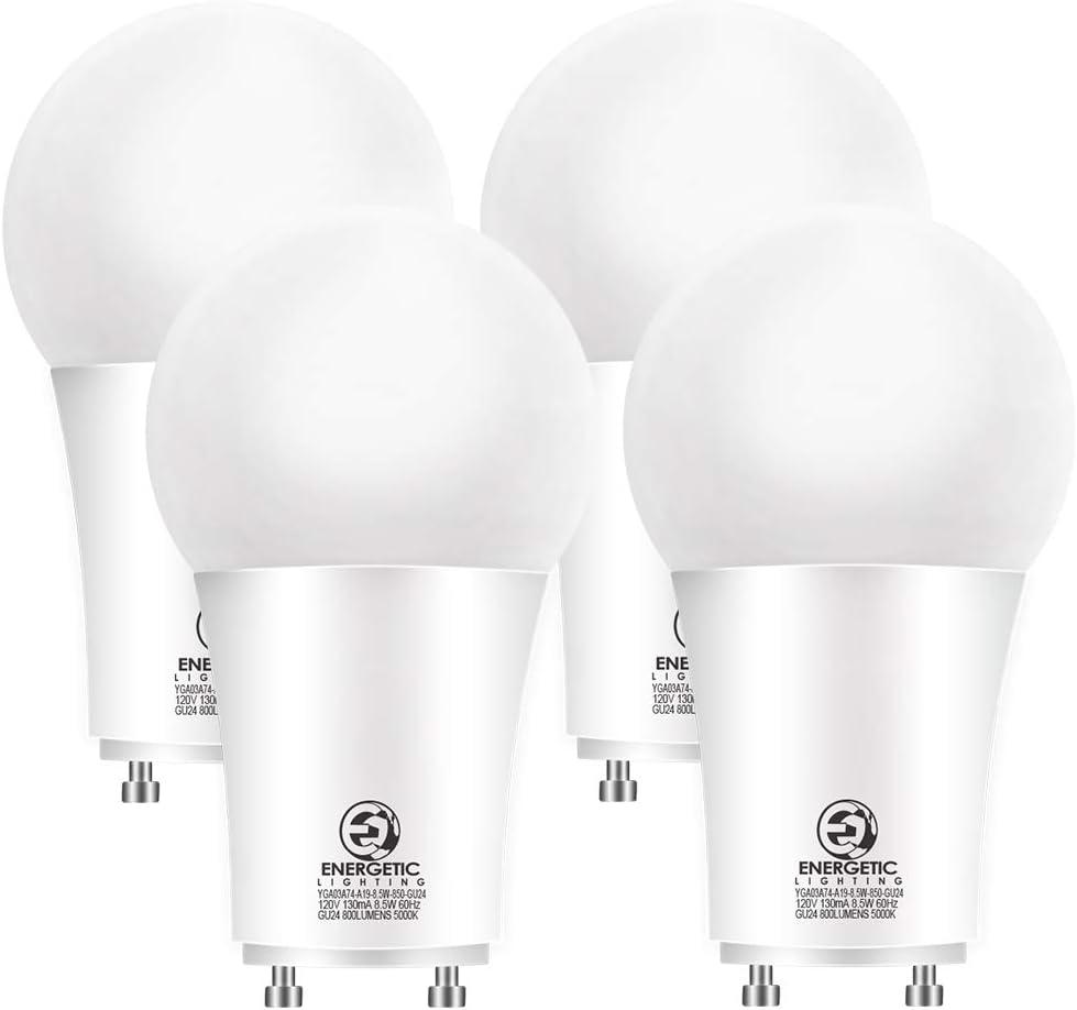 Energetic LED GU24 Base, A19 Shape, 60 Watt Equivalent (8.5W), 5000K Daylight, 800 Lumens, Non-Dimmable, 2 Pin LED Light Bulb, UL Listed, 4 Pack