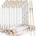 50 Pairs Cherry Blossom Chopsticks Bulk with Sleeved Blue Flower Disposable Bamboo Eucalyptus Chopsticks Wedding Favors Chinese Japanese Food Supply for Takeout Picnic(Wildflower)