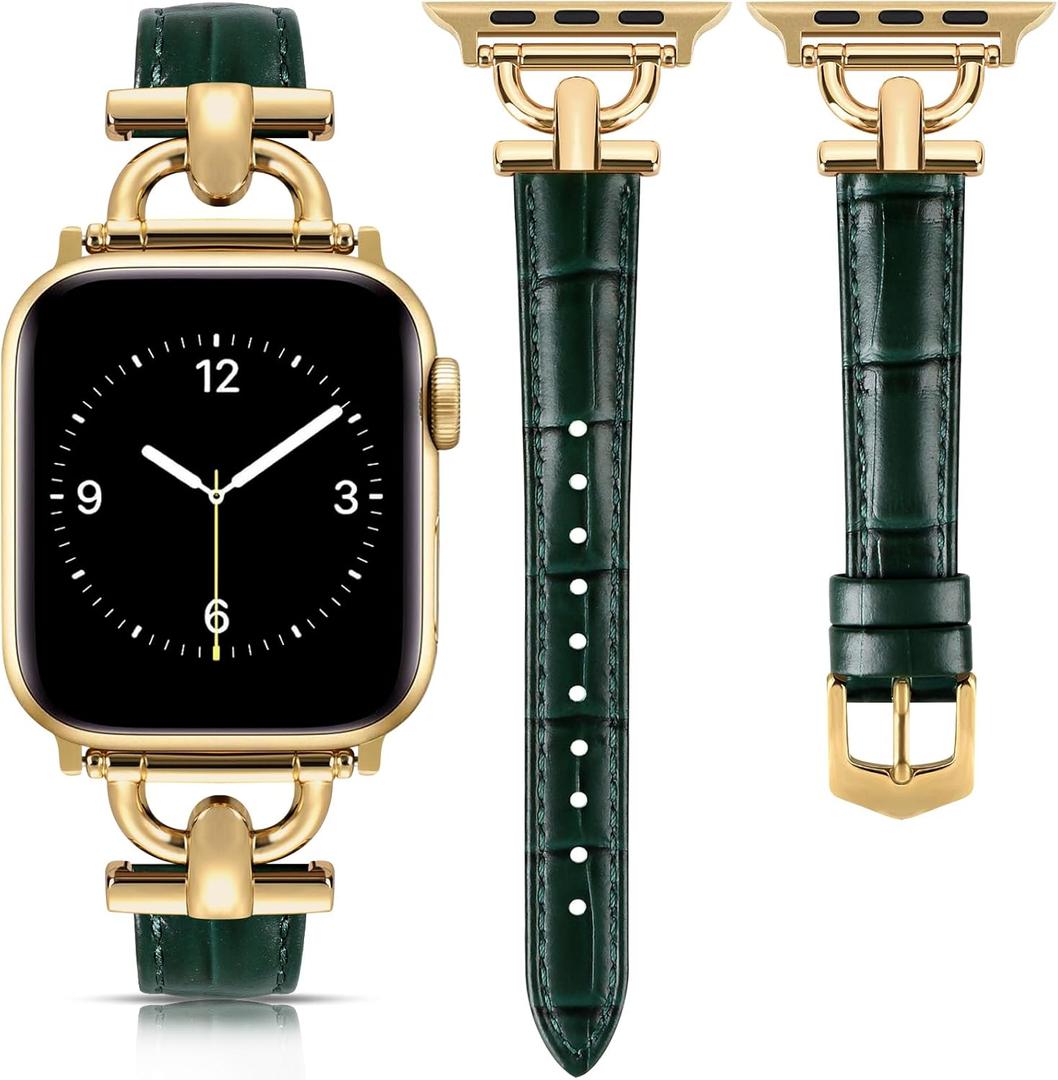 Leather Band Compatible with Apple Watch Bands for Women, Dressy Fancy Strap for iWatch Series 10/9/8/7/6/5/4/3/2/1/se(38mm 40mm 41mm 42mm,Dark Green/Gold)