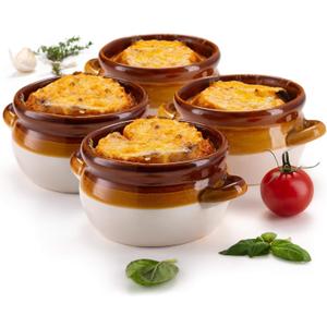 KooK French Onion Soup Bowl, French Onion Soup, Crock, Oven Safe Bowl, Ceramic, Handles, Stoneware, Dishwasher, Microwave, Oven & Broil Safe 16oz Standard Capacity & 18oz Full Capacity Set of 4