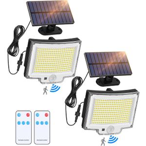 Solar Flood Light with Remote, 3800LM 16.5 FT Cable Outdoor Solar Flood Light, 6500K Dusk to Dawn Light with 3000mAh Battery, IP66 Waterproof Flood Light for Porch Garage 2 Pack