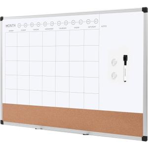 Amazon Basics 24" x 36" Monthly Whiteboard Calendar with Cork Board, Wall Mounted, Easy to Install, Silver Aluminum Frame, Erasable Planning Organization
