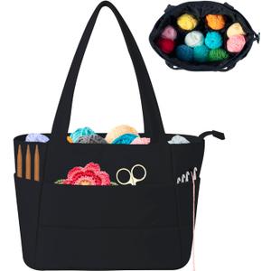 Crochet Bag for Yarn Storage, Puffer Knitting Bag with Soft Handles, Lightweight Yarn Storage Organizer with Zipper for Crochet Accessories, Gifts for Crocheters (Black)