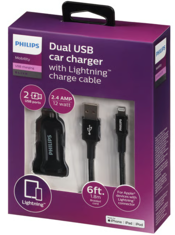 Phillips Dual USB Car Charger With USB A/USB C Charge Cable