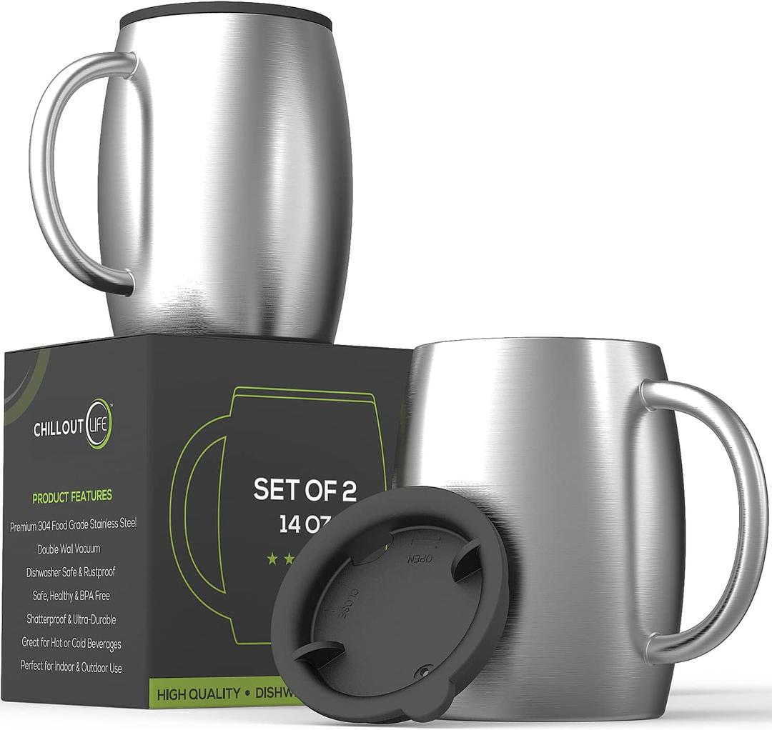 CHILLOUT LIFE Stainless Steel Insulated Coffee Mugs Set of 2 (14oz)  Double Wall Coffee Cups with Spill Resistant Lid & Strong Handle, Shatterproof Cups for Cold Drinks and Hot Beverages
