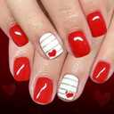 Valentine's Day Press on Nails Short Square Fake Nails with Red Hearts Design Glossy Full Cover Red Glue on Nails Reusable Silver Lines False Nail Cute Acrylic Nail for Women Girls Manicure 24Pcs