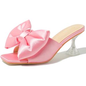Heiyom Women's Bow Clear Heels Slippers Dress Sandals Square Toe Stiletto Mules Slip on Wedding Prom Shoes (9.5, Pink)
