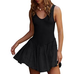 Gacaky Womens Sleeveless Mini Dress Casual Boho Ruffle Tiered Mini Dress High Waist Mini Skirts Golf Tennis Dresses with Built-in Shorts Black Small