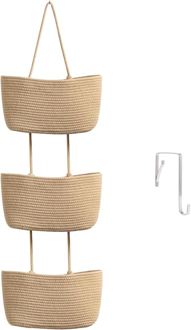 TeoKJ Over the Door Hanging Basket, 3-Tier Woven Cotton Wall-Mounted Storage Organizer Bag Decorative Hanging Nursery Baskets - Jute TeoKJ Over the Door Hanging Basket, 3-Tier Woven Cotton Wall-Mounted Storage Organizer Bag Decorative Hanging Nursery Baskets - Jute