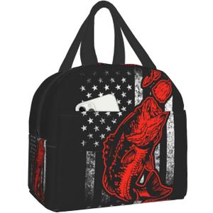 Giwawa Bass Fishing Lure And American Flag Lunch Bag Box Tote Organizer Lunch Container Insulated Zipper Meal Prep Cooler Handbag For Women Men Home School Office Outdoor Use