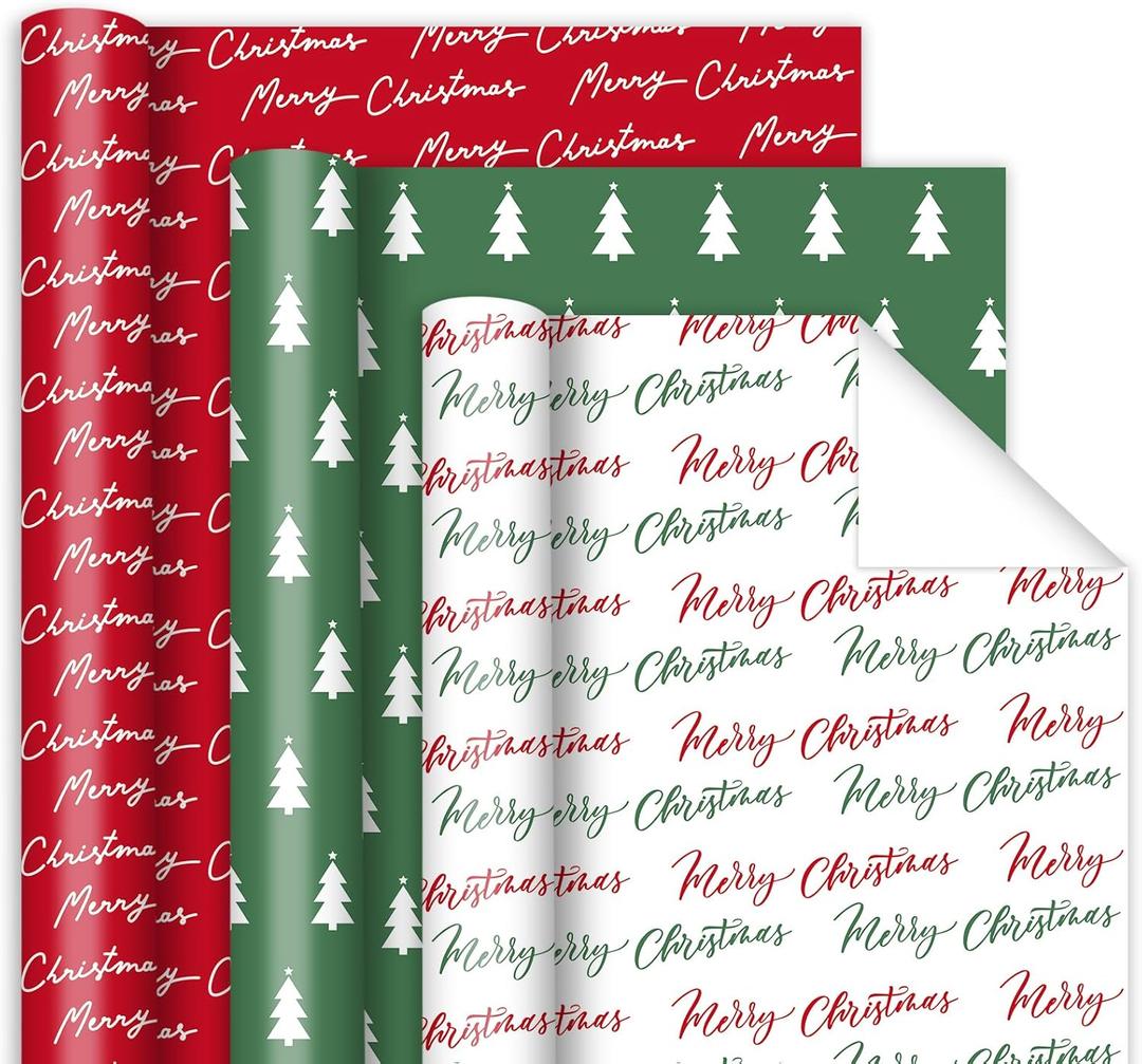 Whaline 3 Rolls Christmas Wrapping Paper -Mini Roll- 17 In x 32.8 Ft Red Green White Merry Christmas Tree Gift Wrap Paper for Xmas Winter Wrapping Supplies