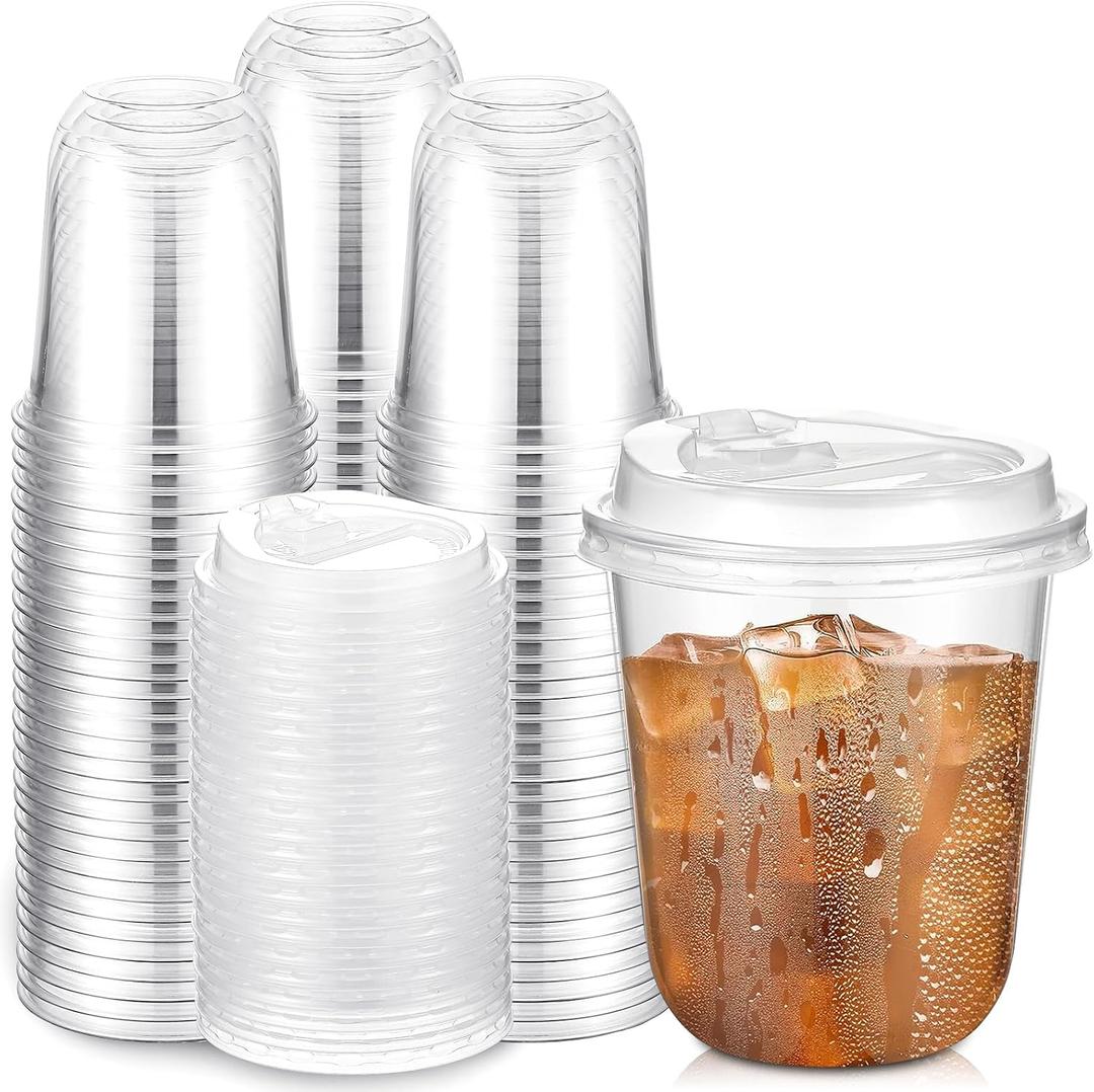 Baderke 100 Sets 12 oz Clear Plastic Cups with Lids,Sturdy Iced Coffee Cups with lids, Disposable Plastic Smoothie Cup for Cold Drinks