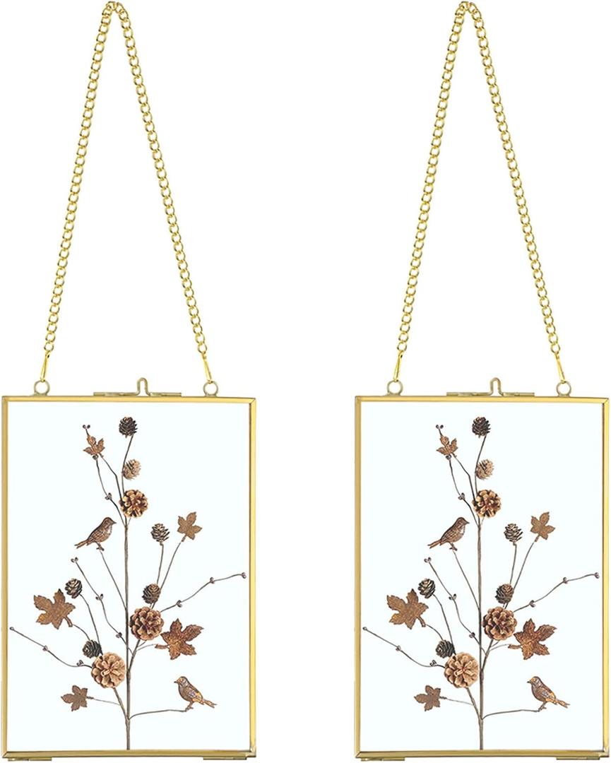 JUXYES Set of 2 Wall Hanging Brass Frames for Pressed Flowers, Double Glass Hanging Picture Artwork Display Frame, Vertical Gold Floating Style Gallery Wall Frame for Photo Picture Poster etc, 5x7 Inches
