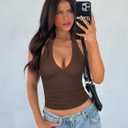 REORIA Womens Halter Tank Tops Double Lined Basic Cami Shirts Sexy Backless Y2K Trendy Going Out Tops, Chocolate X-Large