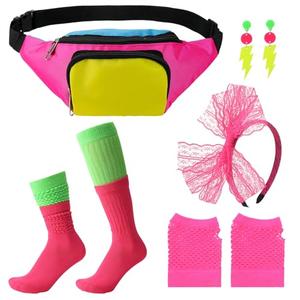 ZhouBoat 5Pcs 80s Accessories for Women, Neon Costume Set with 80s Fanny Pack Hairband Fishnet Gloves Earrings Socks for Halloween Themed Party