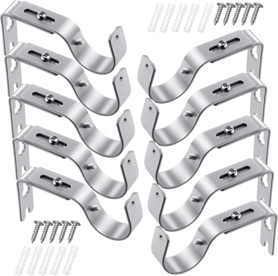 Frienda 10 Pcs Silver Curtain Rod Support Brackets Adjustable Curtain Rod Hangers for 1 Inch Diameter General Hardware Holders Wall Bracket Hanger Hooks with Screws
