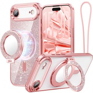 Meifigno Designed for iPhone Air Case with Ring Stand (6.5"), [Built-in Mirror] [Compatible with MagSafe] [Glitter Card & Wrist Strap] Removable Phone Stand +Designed for iPhone 17 Air Case, Rose Gold