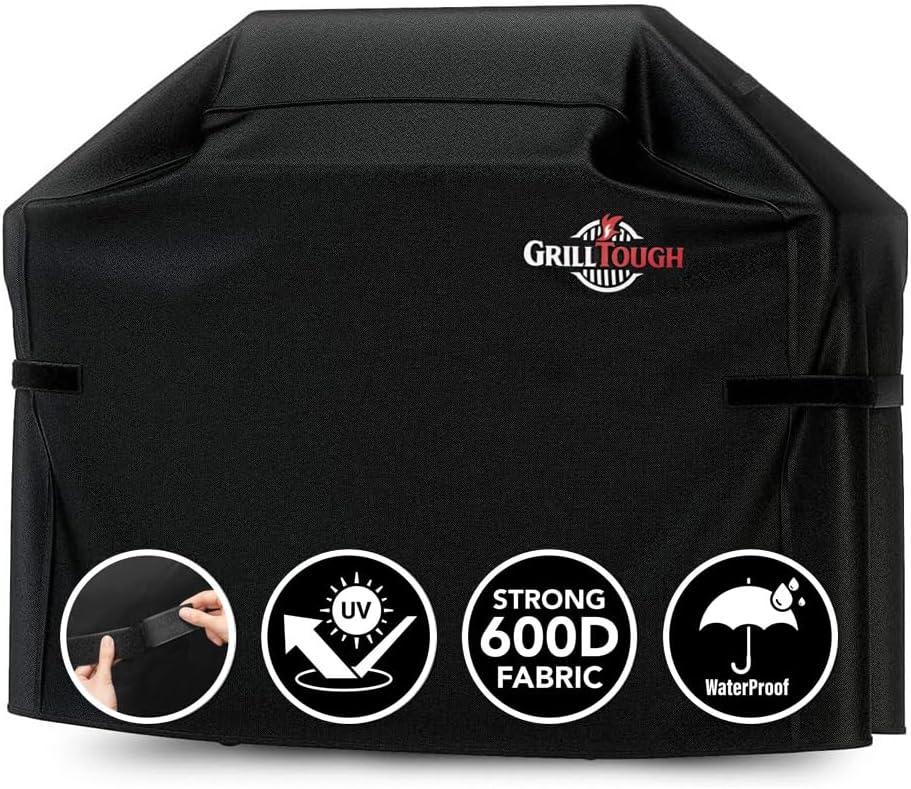 GrillTough Heavy Duty BBQ Grill Cover for Outdoor Grill, 58 Inch Waterproof, Weather Resistant, UV & Fade Resistant with Adjustable Straps Gas Grill Cover for Weber, Genesis, Charbroil, etc. Black