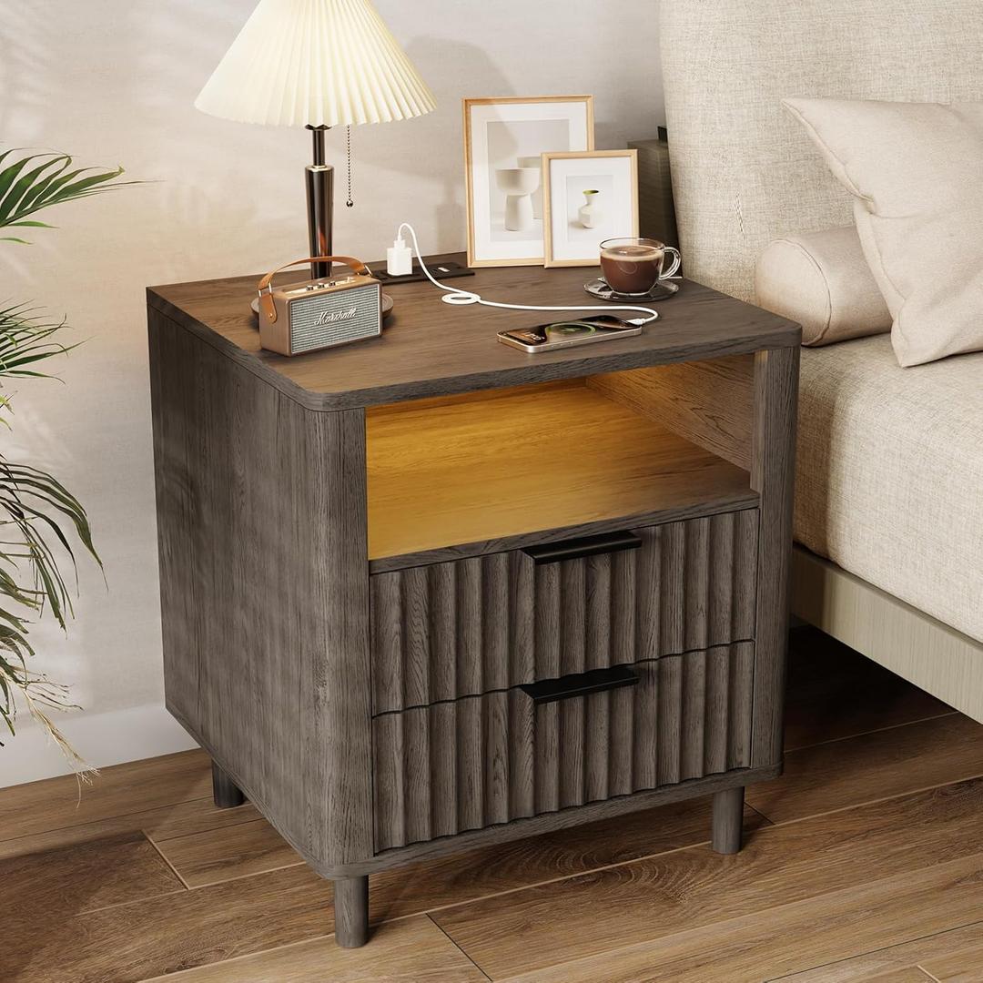 Night Stand with Charging Station, Fluted Bedside Table with 2 Drawers Storage, Wood Modern Nightstand with Open Shelf, Curved Profile Design, End Table for Bedroom Office, Dark Grey