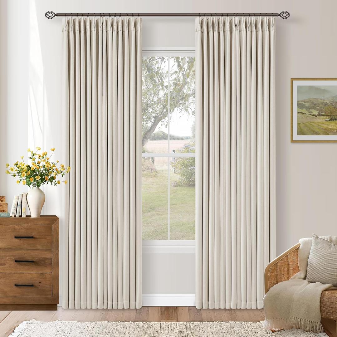 Pleated Cream Ivory 86 Inch Blackout Curtains for Living Dining Room 2 Panels Set Boho Farmhouse Pinch Pleat Natural Linen Black Out Bedroom Curtains Thermal Insulated Room Darkening 2 Layer Design