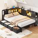 Twin Bed Frames with 5 Storage Drawers and Bookcase Headboard, Twin Size Metal Platform Corner Bed Frames for Kids Teens Daybed with Charging Station and LED Lights for Living Room, Bedroom, Black