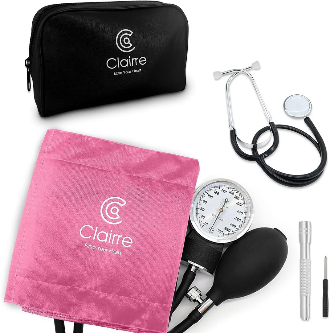 Clairre Professional Blood Pressure Cuff and Stethoscope Kit & Carrying Bag with Penlight, Aneroid Sphygmomanometer for Medical Students & Home Adult BP Monitoring, Pink