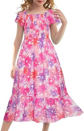 GRACE KARIN Girls Floral Dress Flutter Sleeve Square Neck Tiered Midi Dress Smocked Flared A-line Dress, Size 10Y
