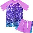 Lovekider Girls Swimsuits Two Piece Rash Guard Set Short Sleeve Bathing Suit Liner Swimwear with Sun Protection 3-12T (9-10 Years, A Mermaid Navy Purple)