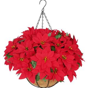 BLEUM CADE Artificial Christmas Flowers Hanging Poinsettias with Basket for Outdoors, Artificial Hanging Red Poinsettias for Xmas Decoration, UV Resistant Faux Flowers Christmas Decorations (1 pack)