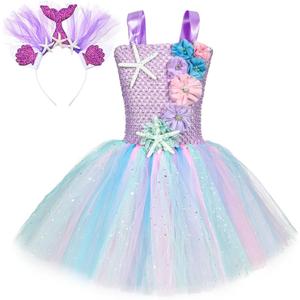Summer 3 Colors Mermaid Tutu Dress for Girls with Headband Birthday Party Dresses Dress Up Clothes 7-8 Years
