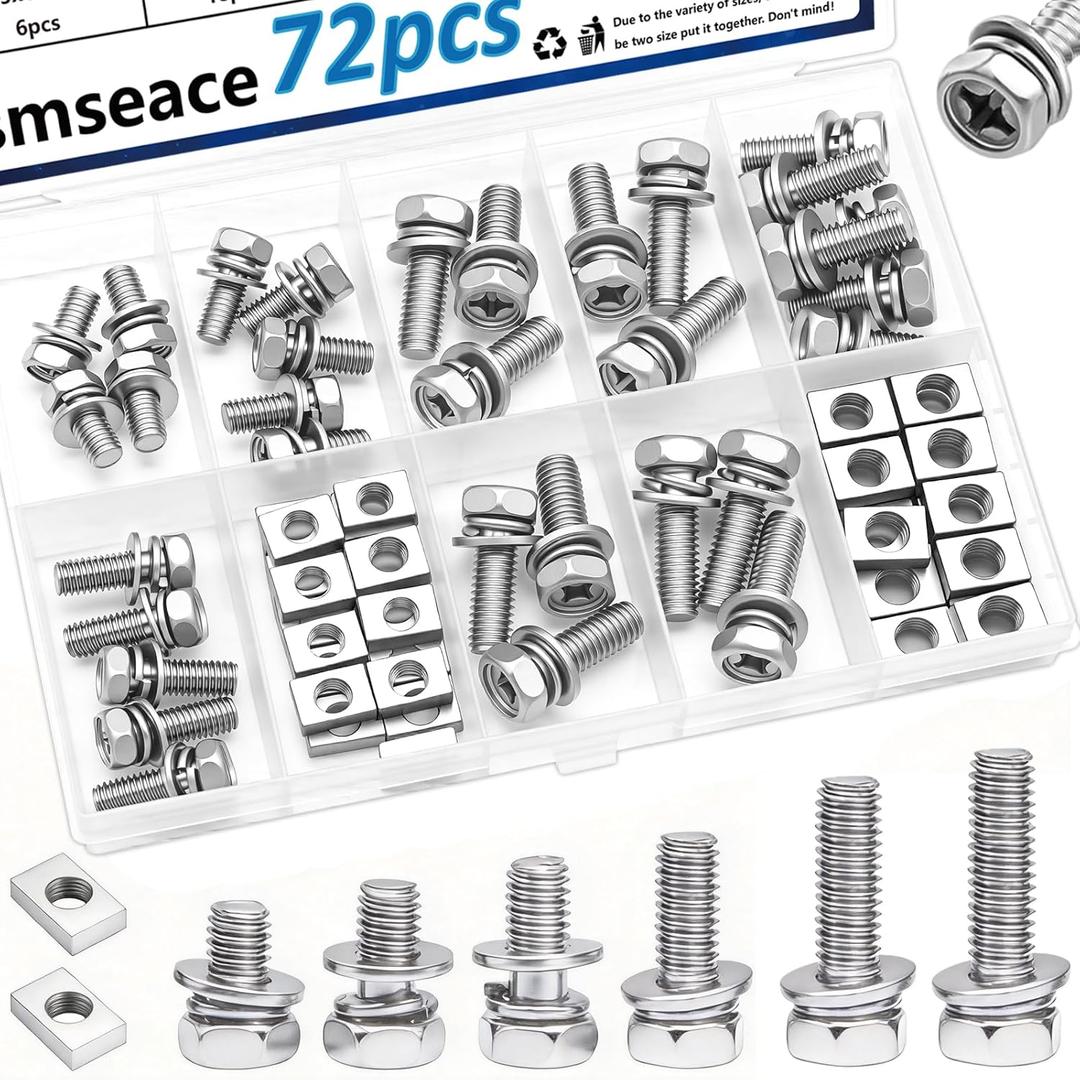 smseace 72Pack Battery Terminal Bolts and Nuts 6-Sizes M5x10/12/14&M6x16/18/20mm 304 Stainless Steel Motorcycle Battery Bolts with Square Nuts for ATV,Bike,Scooter,Motorcycle