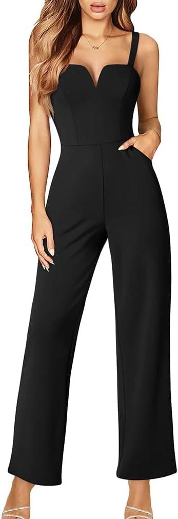 DAAWENXI Women's Casual Tank Top Sleeveless Jumpsuits Dressy Wide Leg Pants Rompers With Pockets (Medium, Black)
