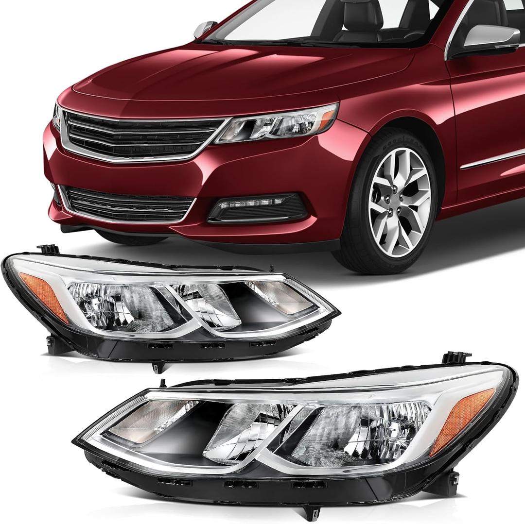 SCITOO Pair Headlight Assembly Fits for Chevrolet Impala 2014-2020 Headlights Chrome Housing Amber Reflector Clear Lens, 84033353 84033354 (Bulbs Not Included)