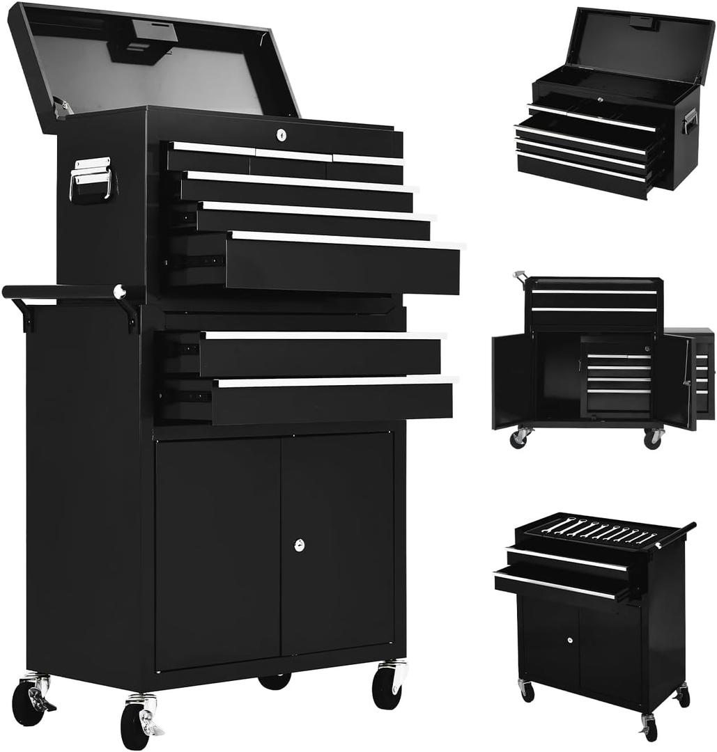 8-Drawer Rolling Tool Chest, 2-in-1 High Capacity Removable Cabinet Storage Tool Box with Wheels and Drawers, Detachable Toolbox with Lock for Workshop Mechanics Garage (Black)