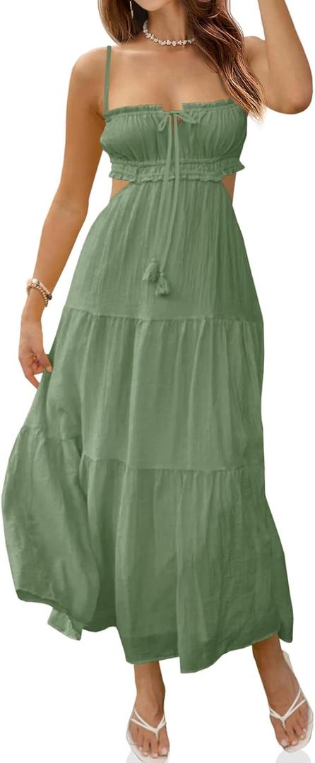 Fisoew Women's Spaghetti Strap Maxi Dress Summer Sleeveless Side Cut Out Dress Casual Boho Backless Flowy Long Dresses, 