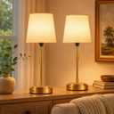 Cordless Table Lamps Set of 2 – Battery Operated Lamp with 7500mAh Rechargeable Battery, Stepless Dimmable Brushed Gold Lamps with Beige Shade, Wireless Lamps for Dining Room(Bulbs Included)