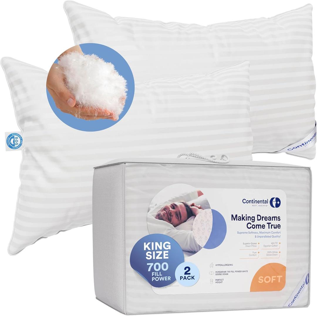 Continental Bedding 100% Hungarian White Goose Down Pillow 700 Fill Power, King (Pack of 2), Soft Classic 2 Count