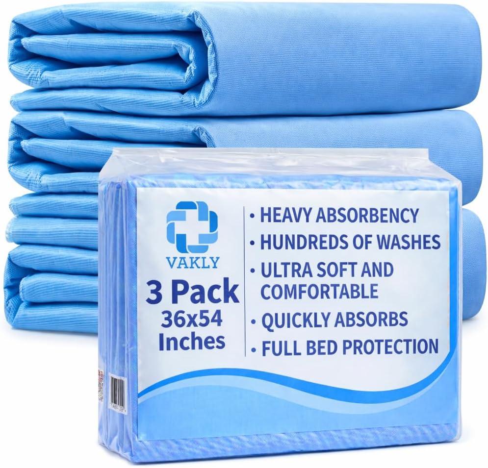 Vakly XL Washable Underpads 36 x 54 in (3 Pack)  Reusable Waterproof Incontinence Bed Pads, Heavy Absorbent Mattress Protector for Adults, Seniors, Kids & Pets
