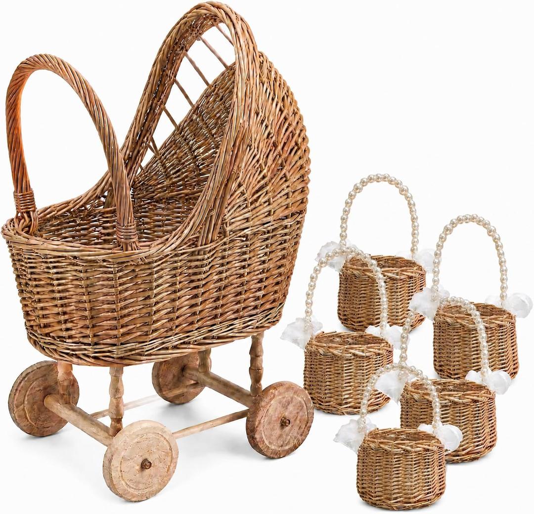 21.85-Inch Wicker Baby Carriage, 6-Piece Flower Basket Display Set