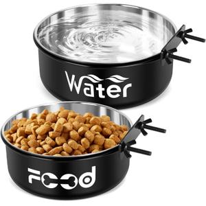 Crate Water Bowl No Spill for Large Dogs, Removable Stainless Steel Dog Bowls for Food and Water, Dog Kennel Hanging Wet and Dry Food Feeder for Medium/Large Pets, (7.1"x2.6" & 6.3"x2.6", Black)
