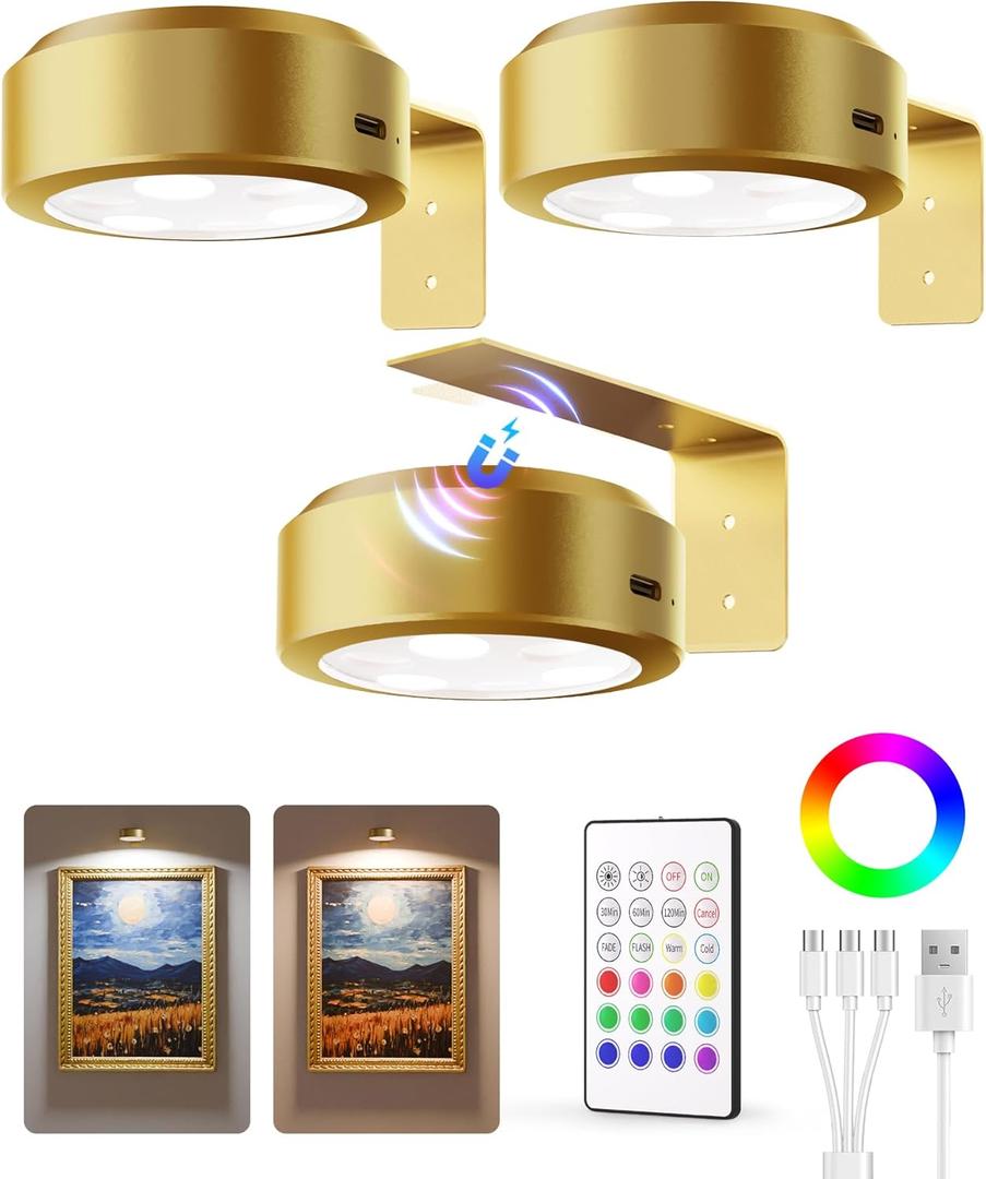EZVALO Picture Lights for Wall, 2000mAh Rechargeable Battery Magnetic Poster Lights with 2 Color Temps & 12 RGB, Remote Dimmable Timer Painting Light, Wall Decor Light for Art Display, Frame (3 Pack) (Gold)
