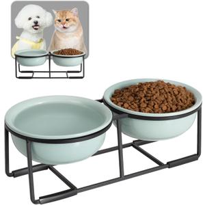 Ceramic Elevated Dog Bowl Set - Double Dog Food and Water Bowls with Metal Stand - Raised Pet Dishes for Puppies and Cats - 1 Cup - 13.5 fl oz - Green