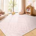Area Rug 8x10 Rug Machine Washable Non-Slip Low Pile Print Pattern Western Rug for Living Room Bedroom Entryway Tribal Series -Light Pink/Cream