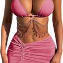 COZYEASE Women's 3 Piece Bikini Set Backless Halter Neck Triangle Chain Swimsuit Set with Beach Skirt Deep Pink, Large