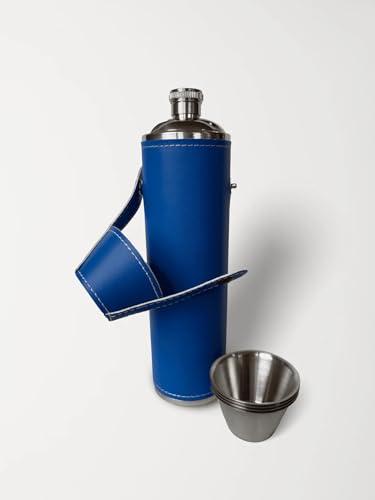 Birdie Bottle 12oz Blue Flask with 4 Shot Glasses – Stainless Steel with Waterproof Leather Case, Leakproof, Discreet and Travel-Ready