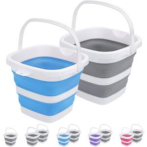 2 Pack Collapsible Buckets 5L 1.3Gallon Small Cleaning for Household Portable Plastic Outdoor Car Washing Tub Foldable Camping Beach Sand Water Pot Pail Space Saving Square Grey and Blue