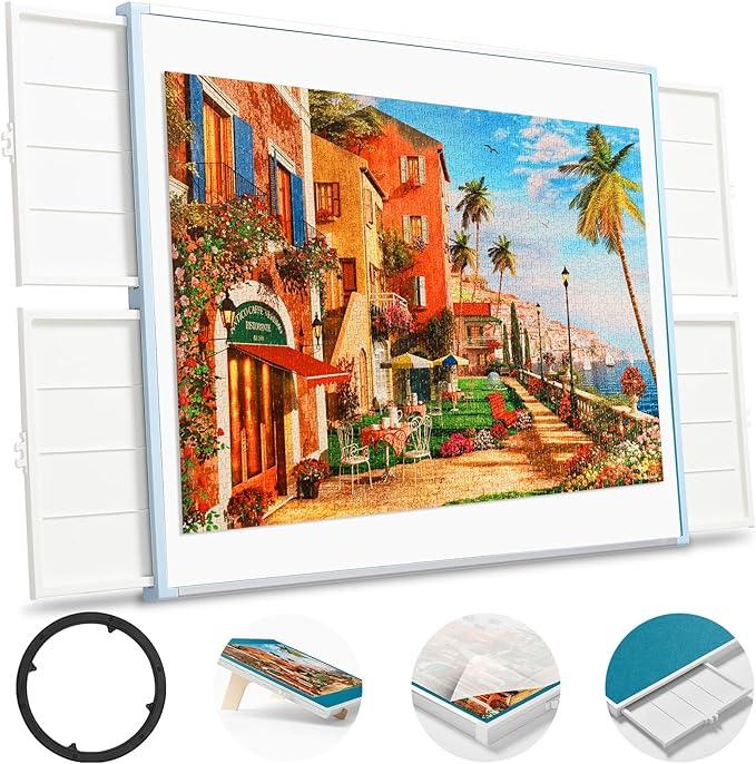 pita-pita Blue 1500 Pieces Rotating Puzzle Board with Drawers and Cover, Dual-Sided 35''x27''Portable Jigsaw Puzzle Table, Tilt&Lazy Susan, Gift for mom Adults