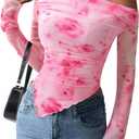 PRETTYGARDEN Womens Fall Trendy Off Shoulder Y2k Tops 2026 Tie Dye Mesh Long Sleeve Shirts Asymmetrical Ruched Floral Blouse (X-Large, Floral Pink Red)