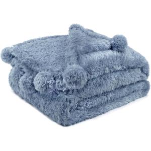 Pavilia Blue Sherpa Throw Blanket for Couch, Warm Plush Fuzzy Blanket Throw with Pom Poms, Dusty Blue, 60x80 (60 x 80 Inches - Twin)